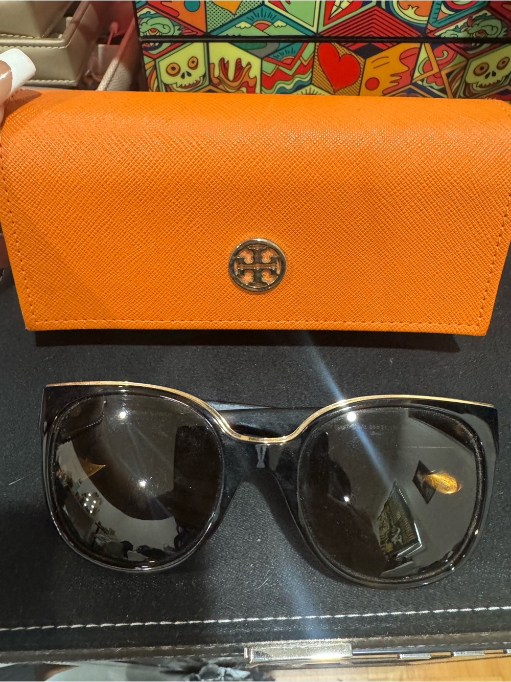Tory Burch dark brown and gold sunglasses with orange case